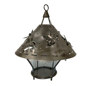 Punched Pierced Metal Lantern With Butterfly Cutouts And Glass Candle Holder